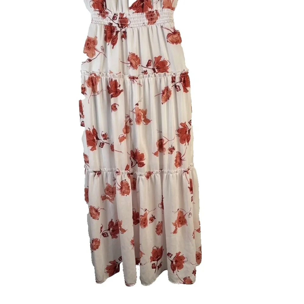 Beautees Women's Midi Dress White Floral Sz 14 Off Shoulder Elastic Waist Tiered
